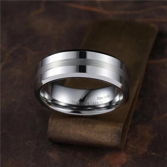 Classic 8mm Tungsten Carbide Ring Black/Silver/Gold Brushed Two Grooved Center - Picture 3 of 7